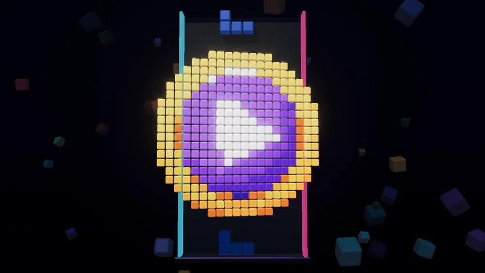 Mosaico de cubos 3D formando a ficha dourada da Pay to Play, com o botão play branco sobre um disco violeta, montado dentro do poço de blocos com bordas ciano e rosa.