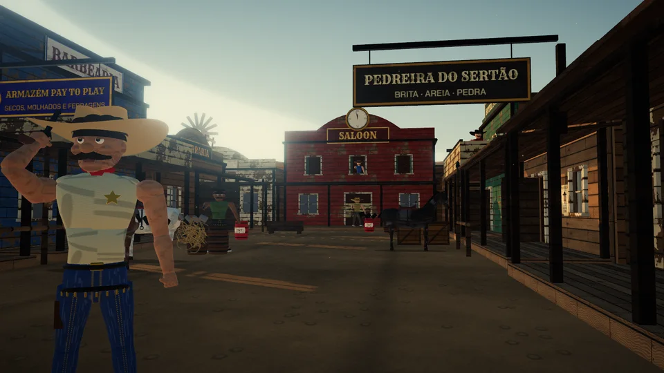 Xerife caricato de chapéu de palha, bigodão e estrela no peito ergue o revólver numa rua de cidade de madeira do velho oeste ao pôr do sol, com o saloon ao fundo e as placas Armazém Pay to Play e Pedreira do Sertão.