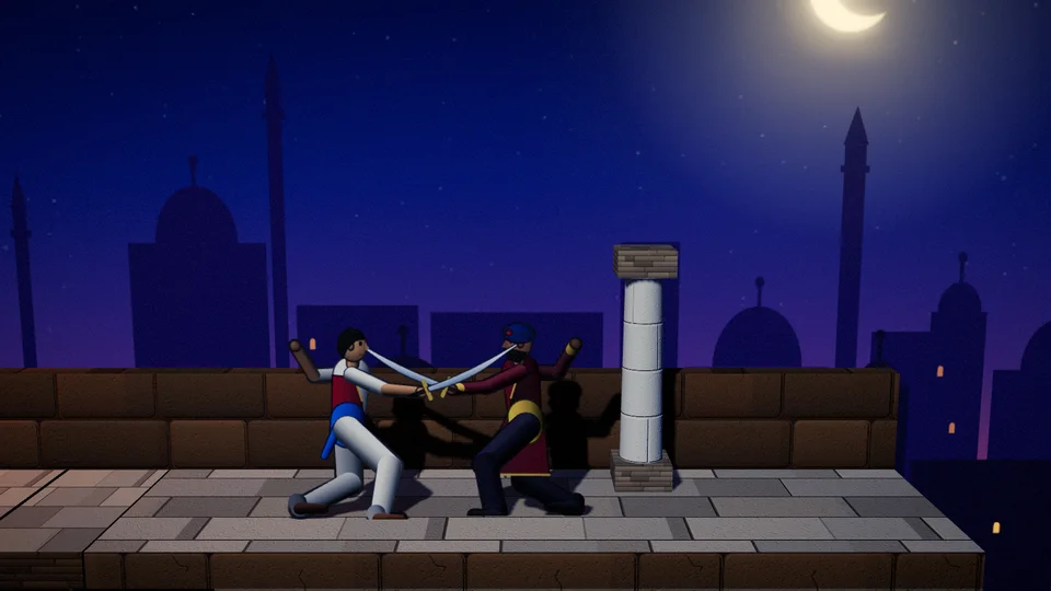 Duelo de espadas num terraço de palácio sob a lua crescente: o jovem herói de calça branca e colete vermelho cruza cimitarras com um guarda de turbante azul, com domos e minaretes ao fundo.