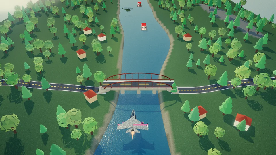 Caça cinza com faixa rosa e a ficha Pay to Play nas asas voando baixo sobre um rio azul, rumo a uma ponte em arco entre margens cheias de árvores e casinhas.