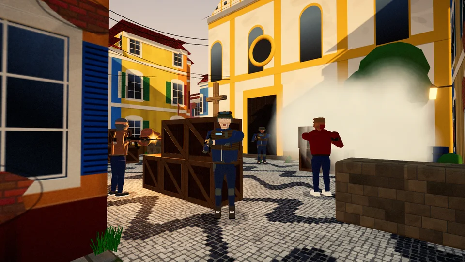 Largo de uma cidade colonial ao entardecer, com a igreja branca e amarela ao fundo; um integrante do Bando Vermelho atira de trás de caixotes enquanto um agente da Força Tática aparece na porta da igreja, com fumaça ao lado.
