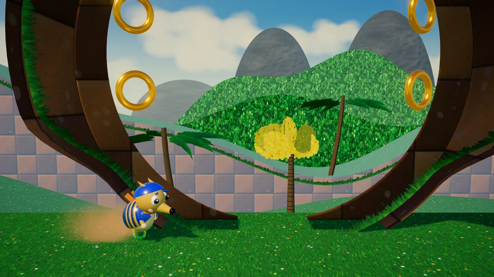 Tatu-bola azul e dourado correndo sobre colinas verdes quadriculadas, diante de um looping cheio de anéis dourados, com palmeiras, um ipê amarelo e morros de granito sob o céu azul.